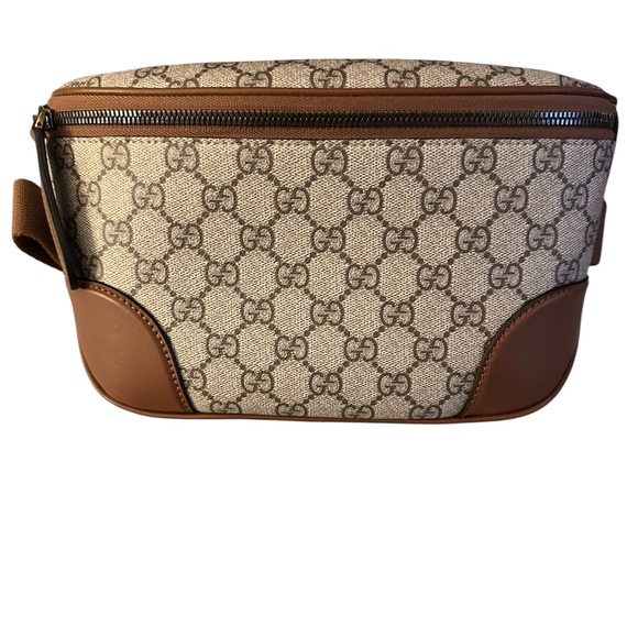 Gucci GG Emblem Medium Tan and Brown Leather and Coated Canvas Belt Bag - Picture 1 of 7